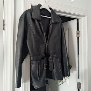 Women's vintage belted motorcycle leather jacket XL black Echted Leder G…
